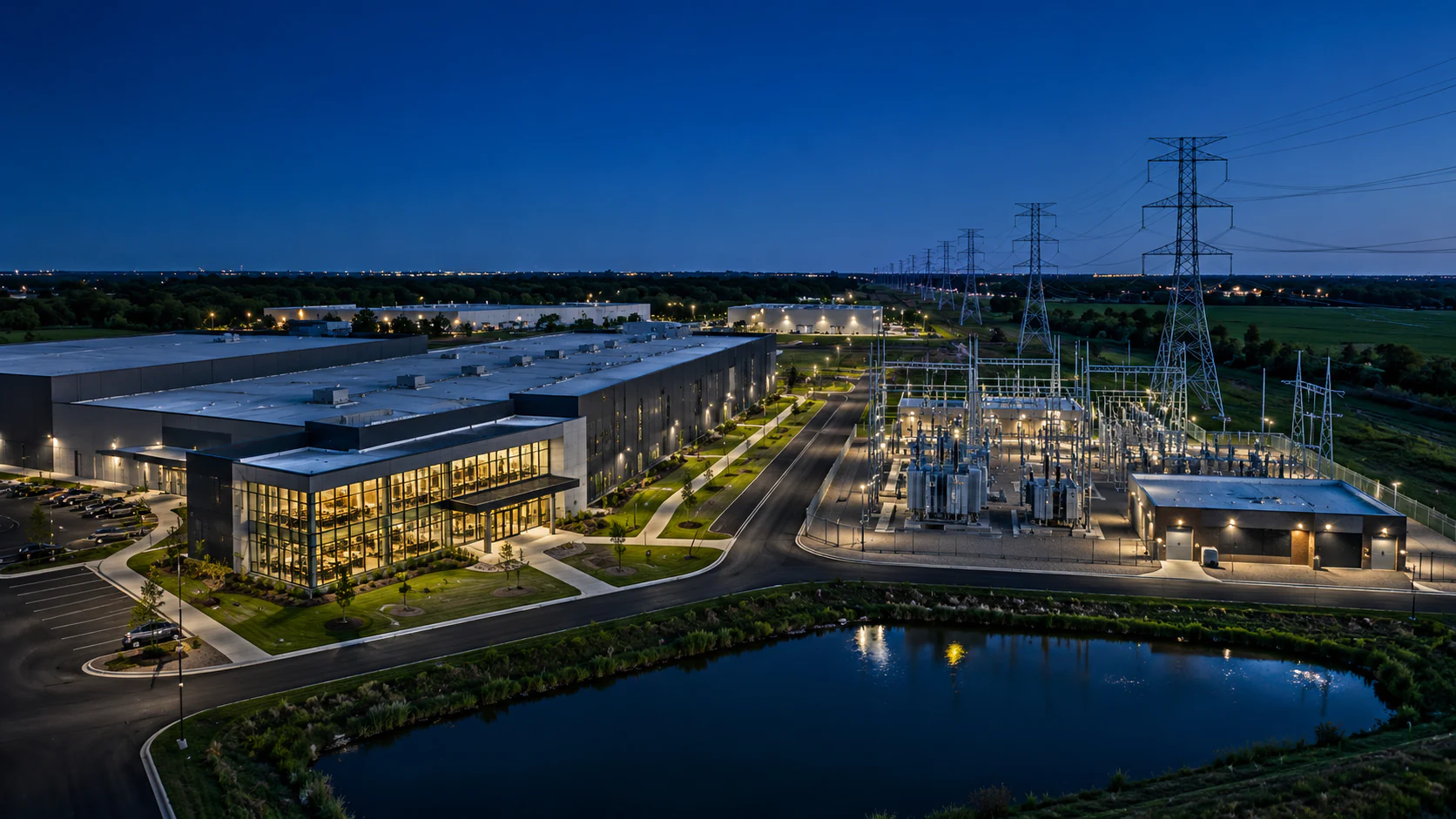 Modern industrial campus supported by an electrical substation and high-voltage transmission infrastructure