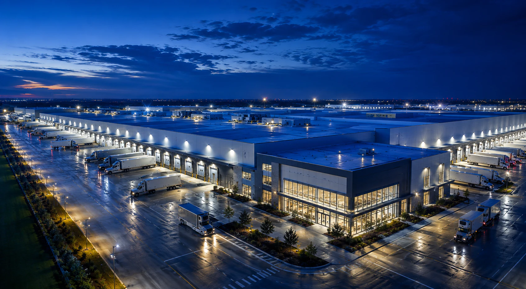 Large refrigerated cold storage and logistics distribution center operating at blue hour with illuminated loading docks and commercial truck staging.