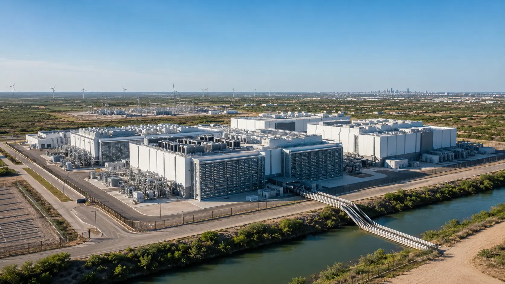 Generic data center campus with secure technical buildings operating at blue hour.