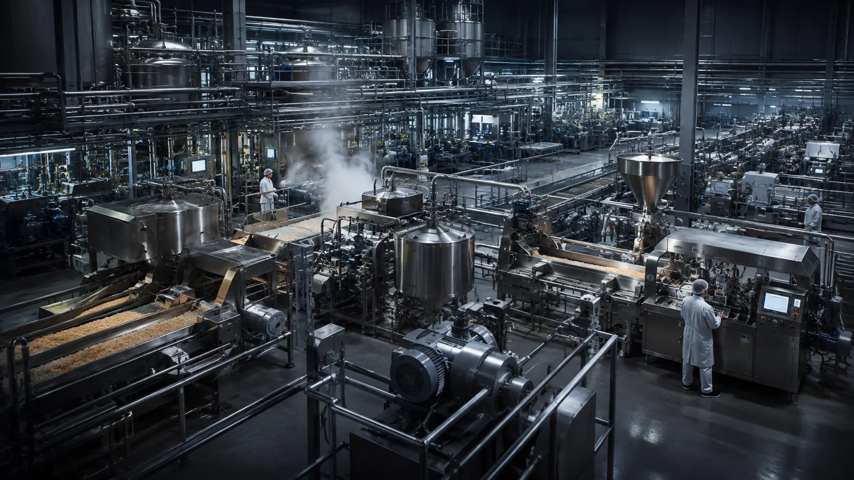 Large-scale food processing facility with stainless-steel production lines, conveyors, thermal processing equipment, packaging systems, and operators in a live production environment.