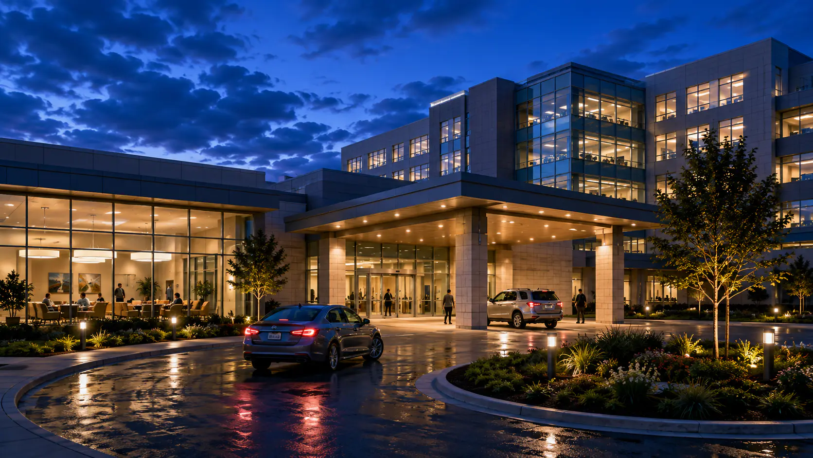 Modern healthcare campus operating at blue hour with illuminated clinical buildings and arrival areas.