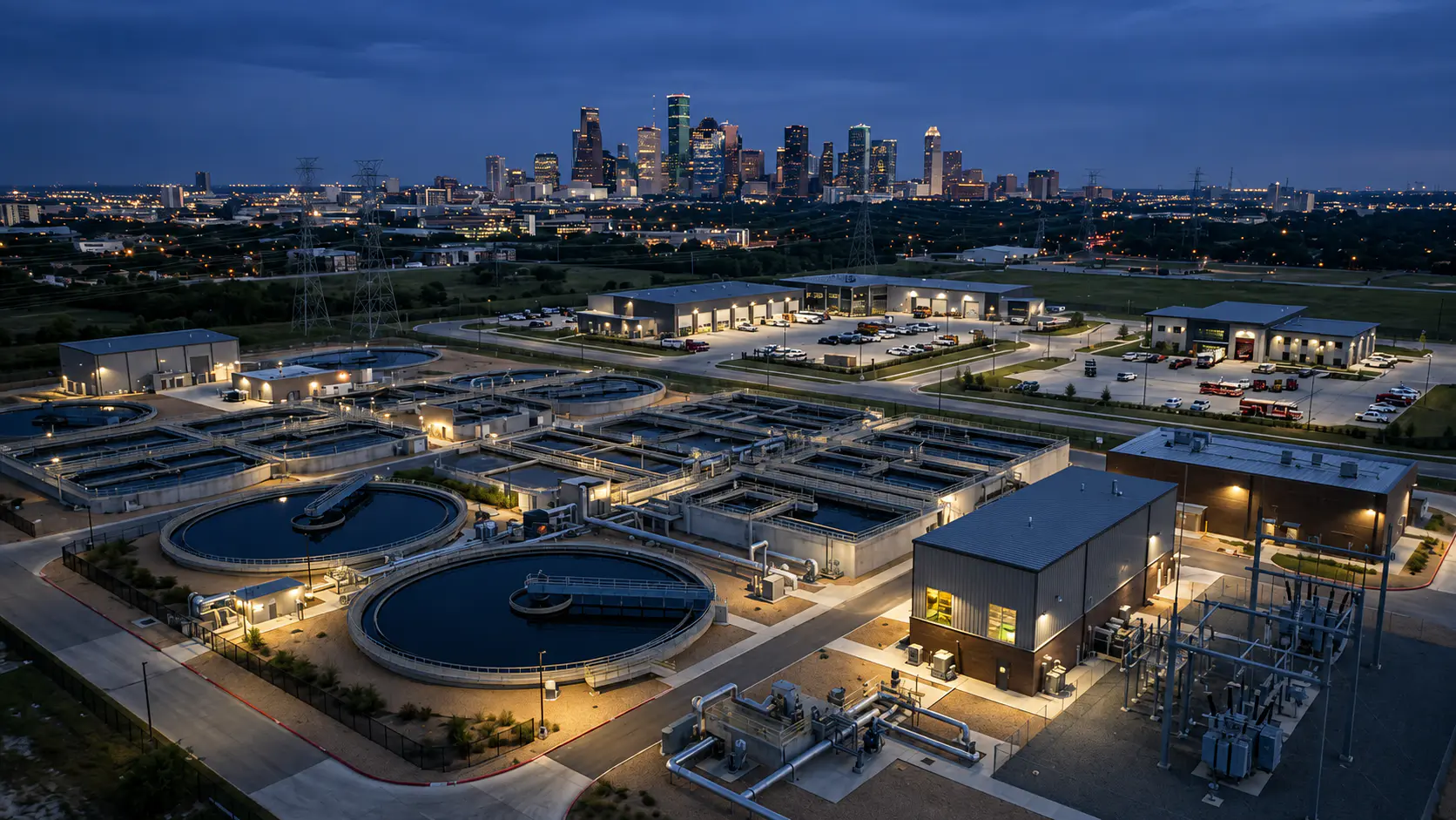 Generic public infrastructure and municipal facilities operating at blue hour.
