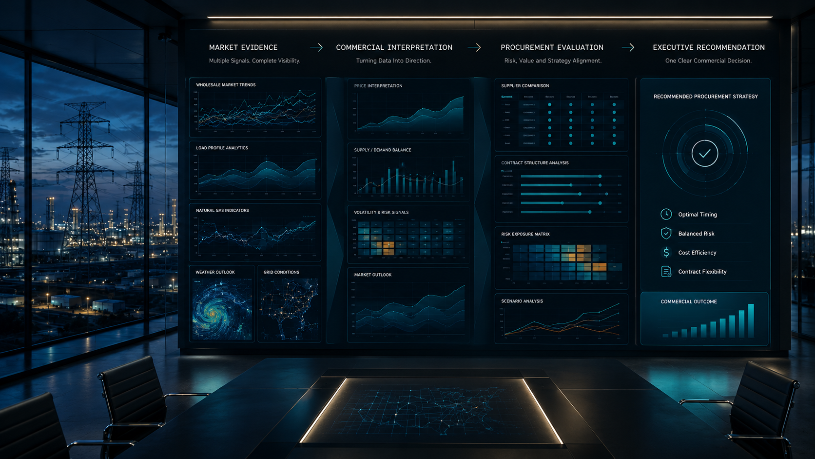 Executive energy procurement decision architecture with market analytics, commercial risk evaluation, supplier comparison, and industrial power infrastructure.