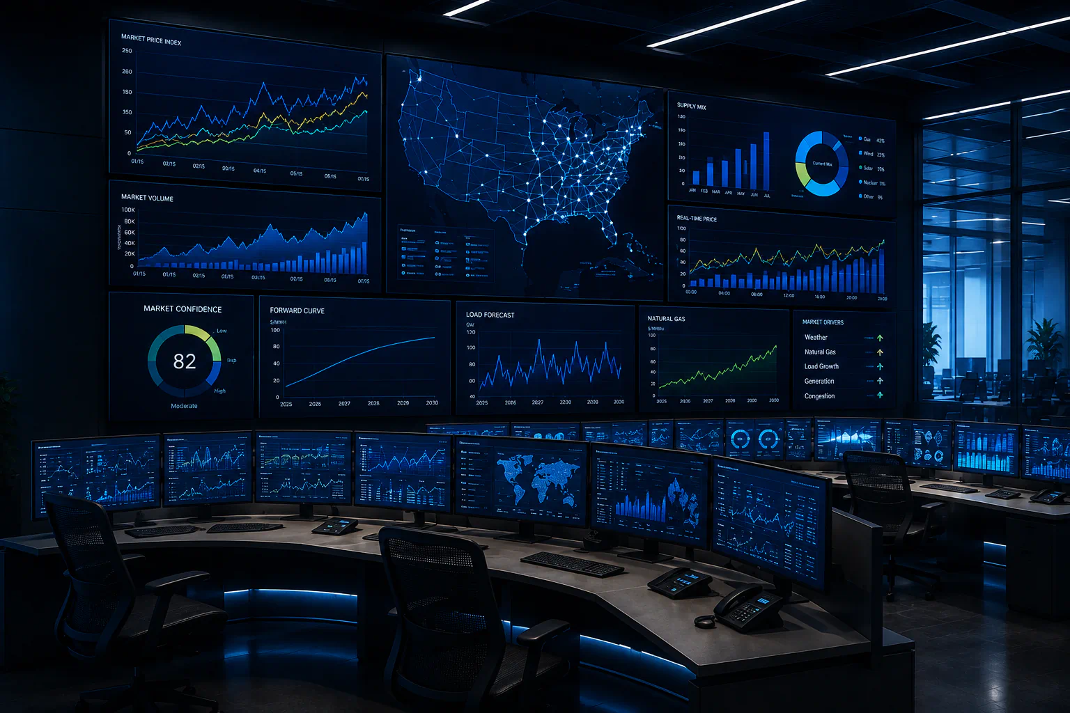 Executive market intelligence dashboard displaying commercial energy analytics, forward curves, pricing indicators, and regional market monitoring.